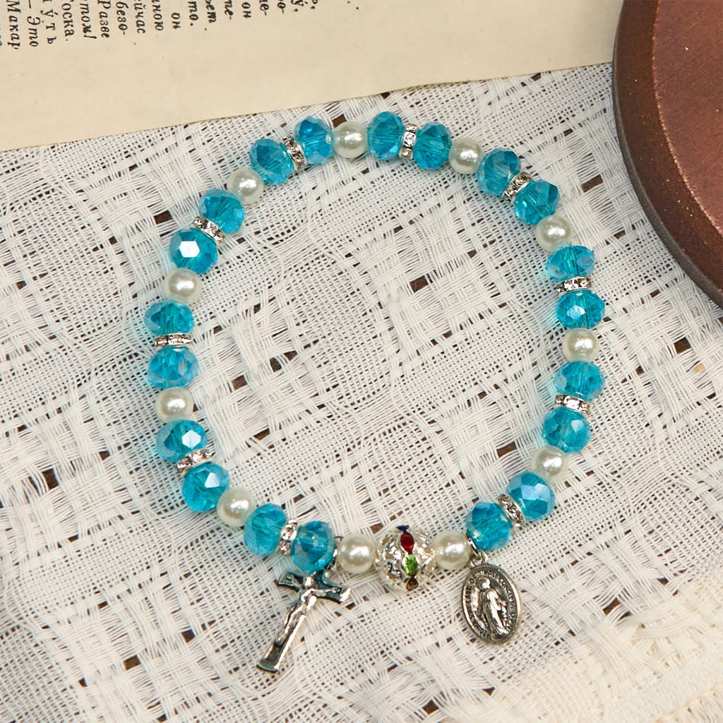 Pulsera Elástica Moderna de Cristal Transparente con Crucifijo y Medalla Milagrosa