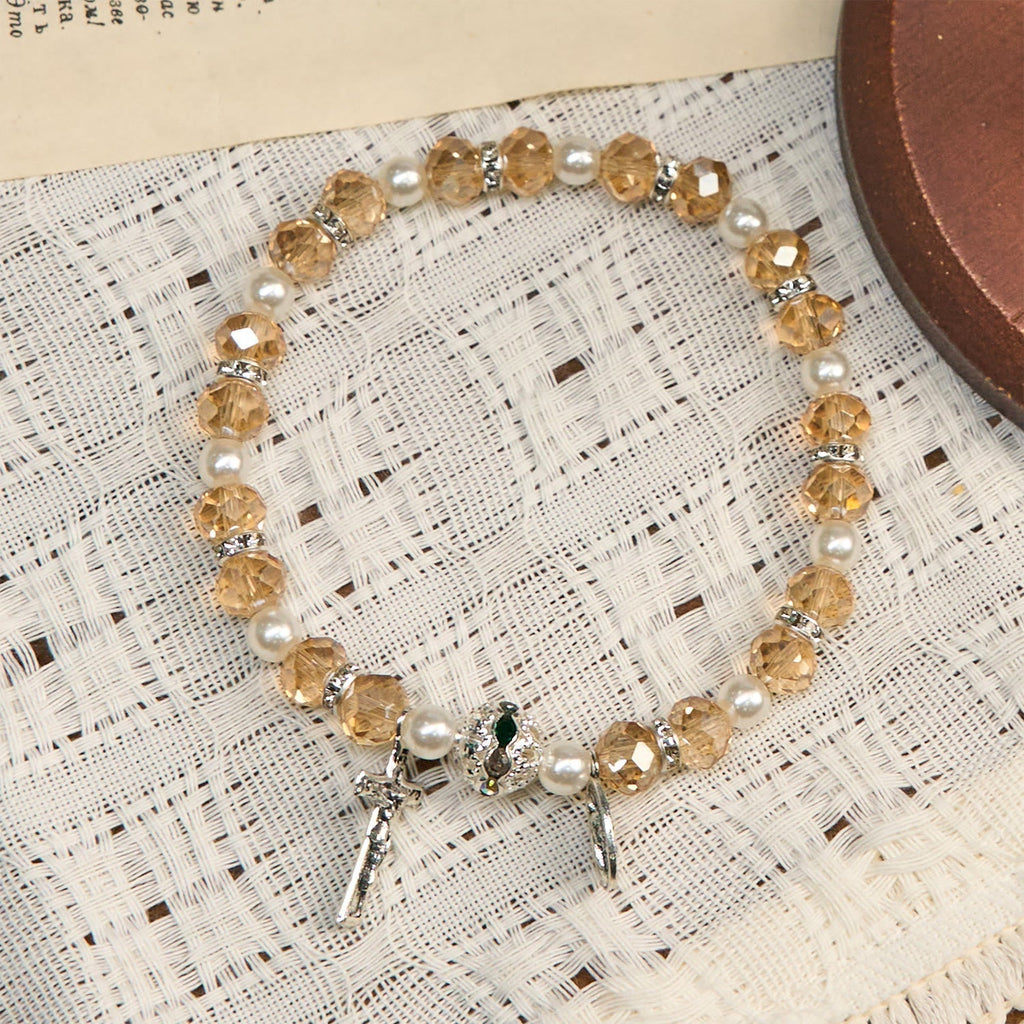 Pulsera Elástica Moderna de Cristal Transparente con Crucifijo y Medalla Milagrosa