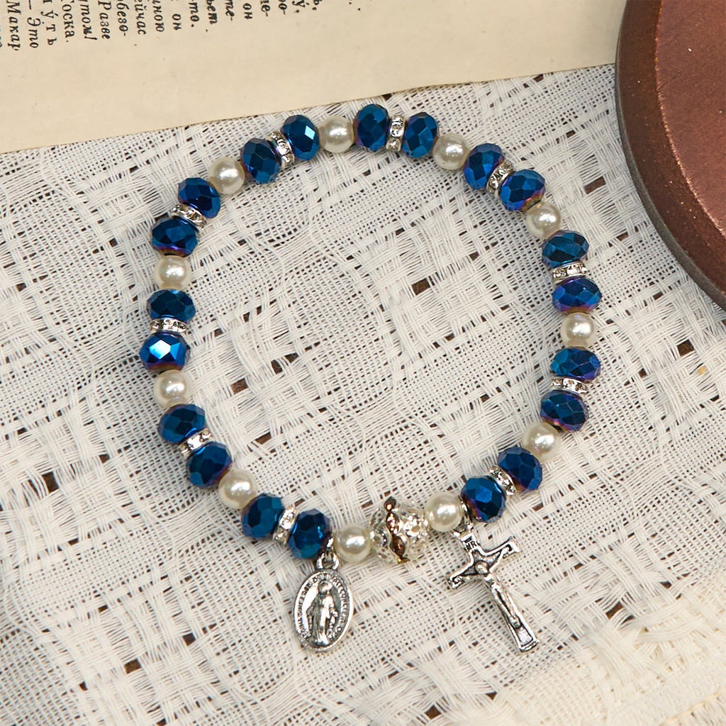 Pulsera Elástica Moderna de Cristal Transparente con Crucifijo y Medalla Milagrosa