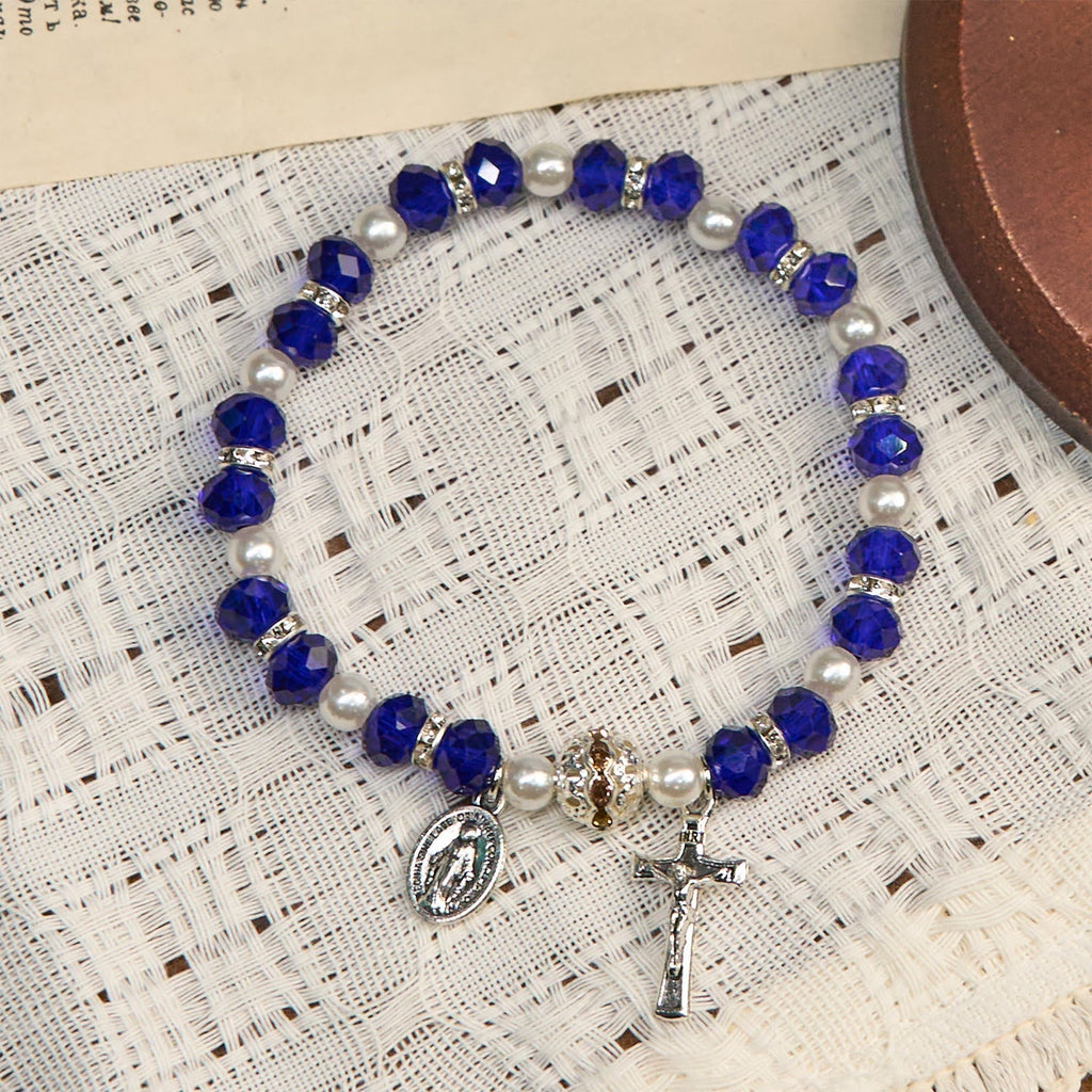 Pulsera Elástica Moderna de Cristal Transparente con Crucifijo y Medalla Milagrosa