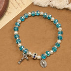 Pulsera Elástica Moderna de Cristal Transparente con Crucifijo y Medalla Milagrosa