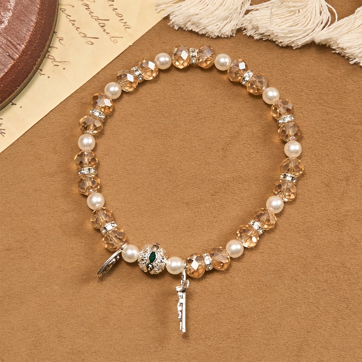 Pulsera Elástica Moderna de Cristal Transparente con Crucifijo y Medalla Milagrosa