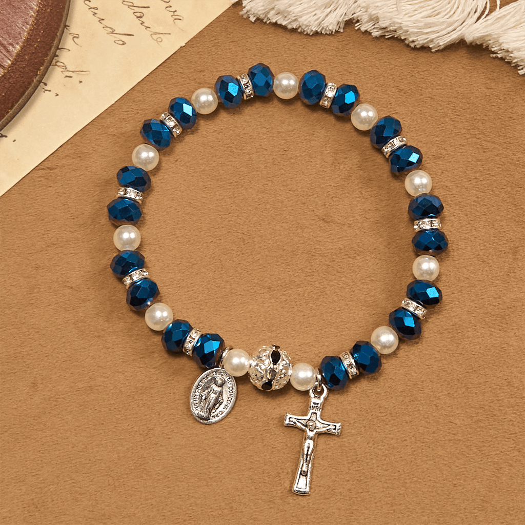 Pulsera Elástica Moderna de Cristal Transparente con Crucifijo y Medalla Milagrosa