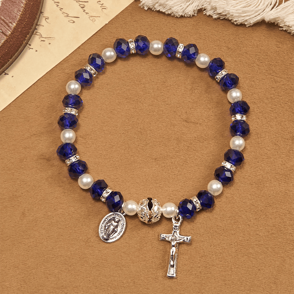 Pulsera Elástica Moderna de Cristal Transparente con Crucifijo y Medalla Milagrosa