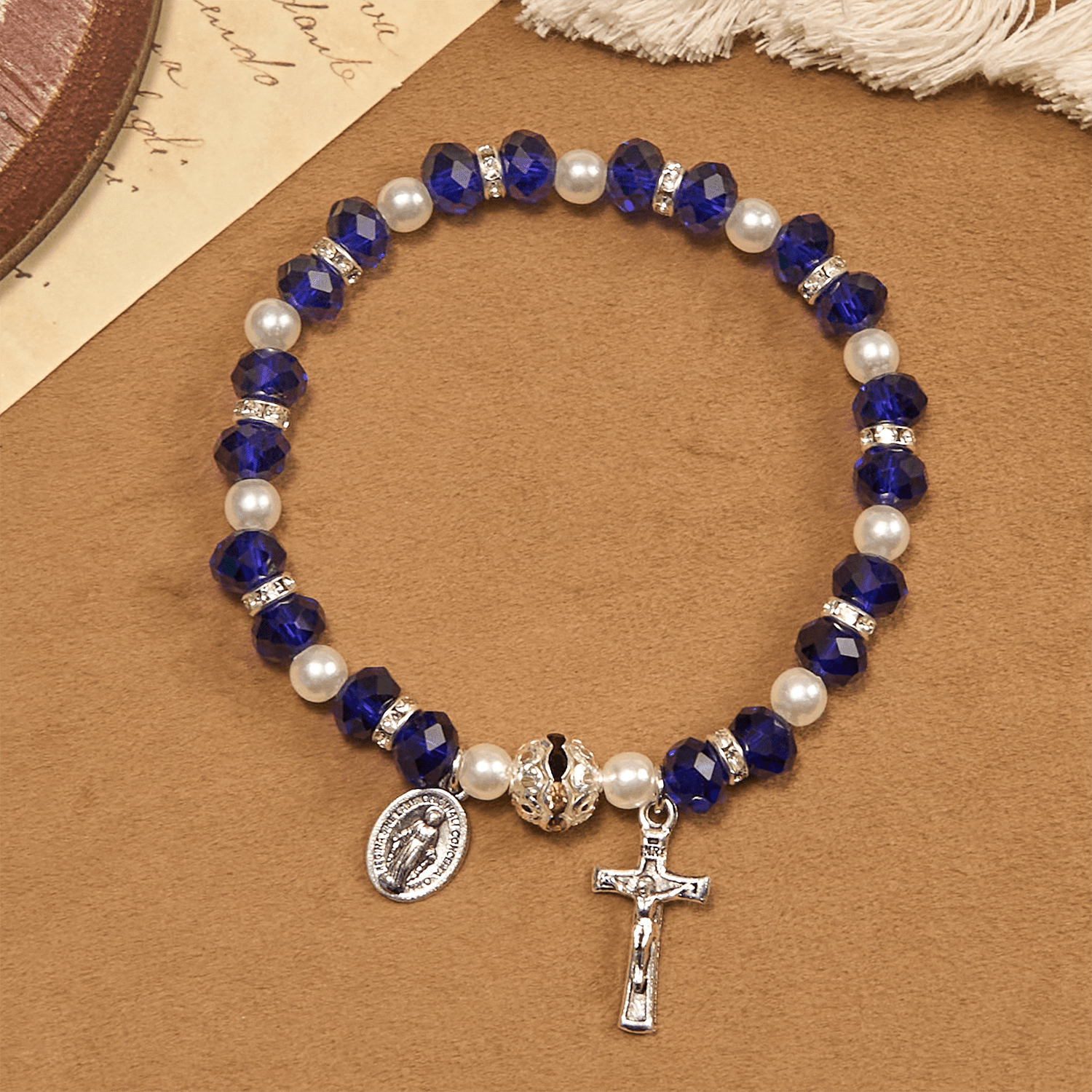 Pulsera Elástica Moderna de Cristal Transparente con Crucifijo y Medalla Milagrosa