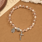 Pulsera Elástica Moderna de Cristal Transparente con Crucifijo y Medalla Milagrosa
