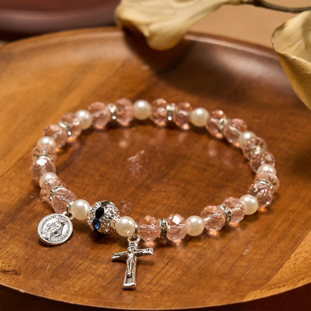 Pulsera Elástica Moderna de Cristal Transparente con Crucifijo y Medalla Milagrosa