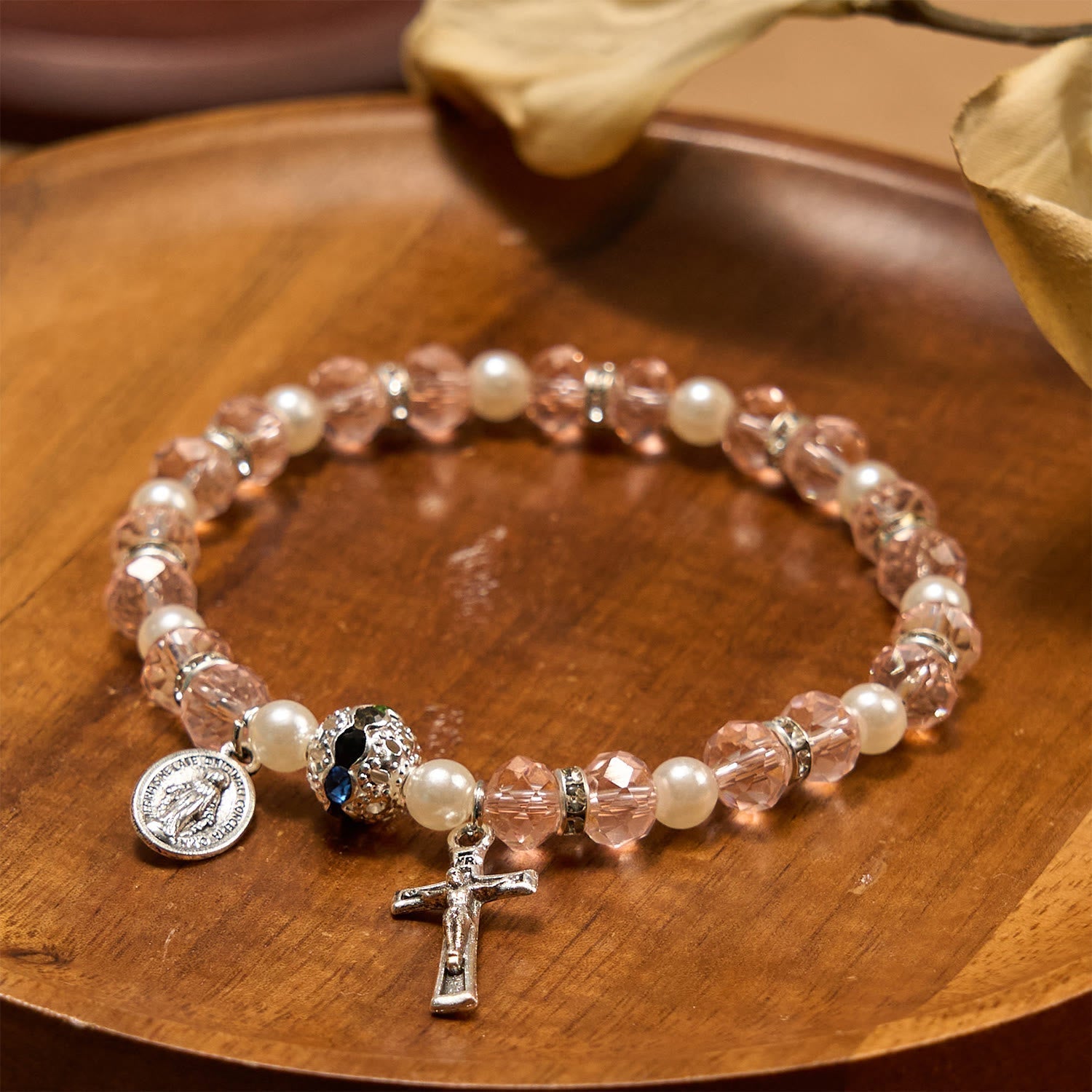Pulsera Elástica Moderna de Cristal Transparente con Crucifijo y Medalla Milagrosa