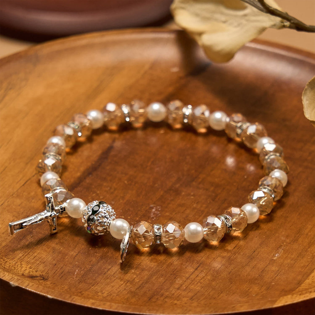 Pulsera Elástica Moderna de Cristal Transparente con Crucifijo y Medalla Milagrosa