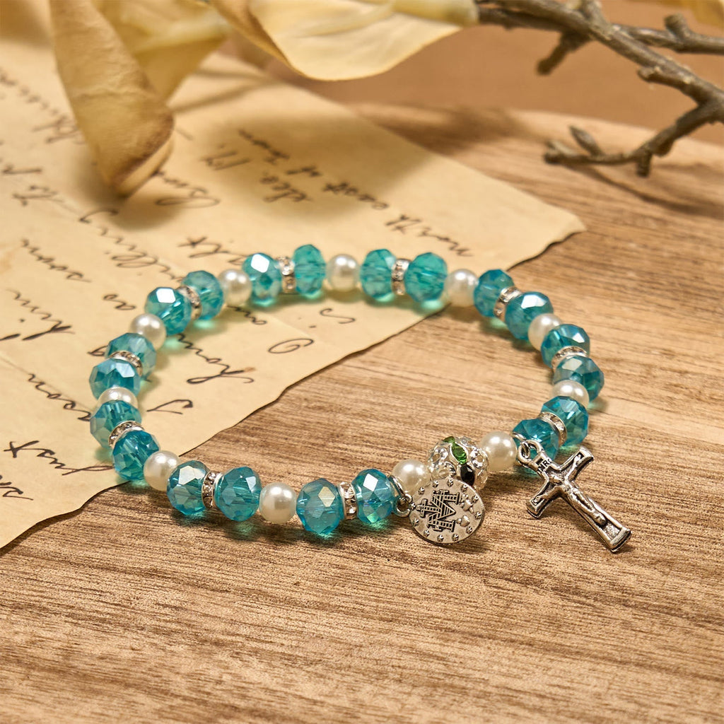 Pulsera Elástica Moderna de Cristal Transparente con Crucifijo y Medalla Milagrosa
