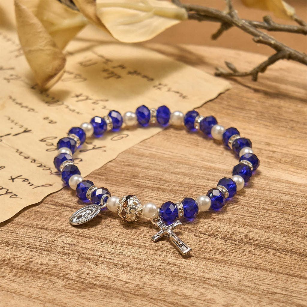Pulsera Elástica Moderna de Cristal Transparente con Crucifijo y Medalla Milagrosa