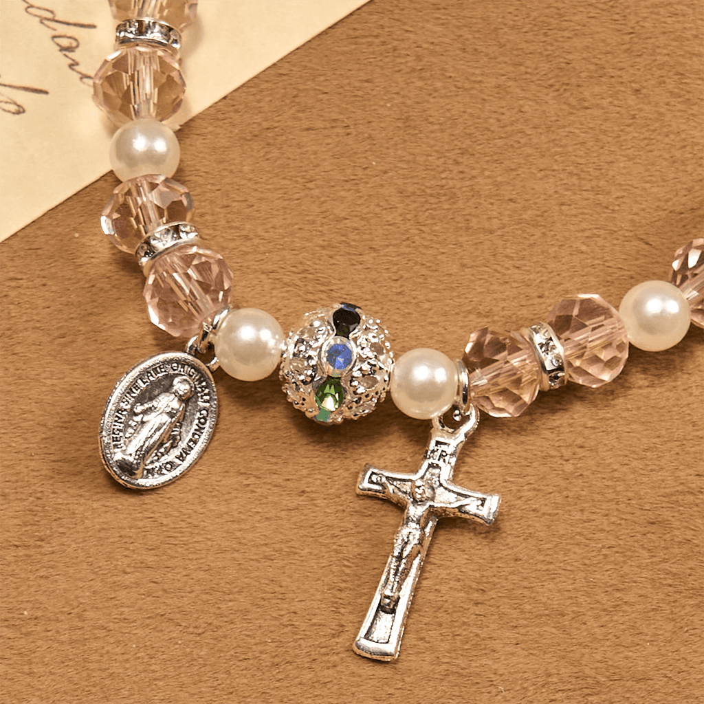Pulsera Elástica Moderna de Cristal Transparente con Crucifijo y Medalla Milagrosa