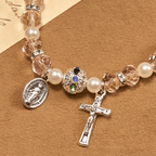 Pulsera Elástica Moderna de Cristal Transparente con Crucifijo y Medalla Milagrosa