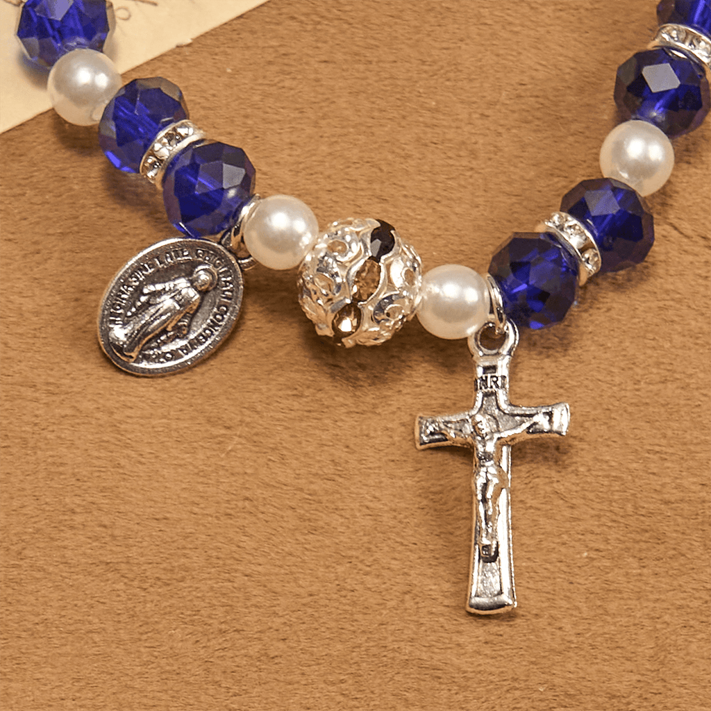 Pulsera Elástica Moderna de Cristal Transparente con Crucifijo y Medalla Milagrosa