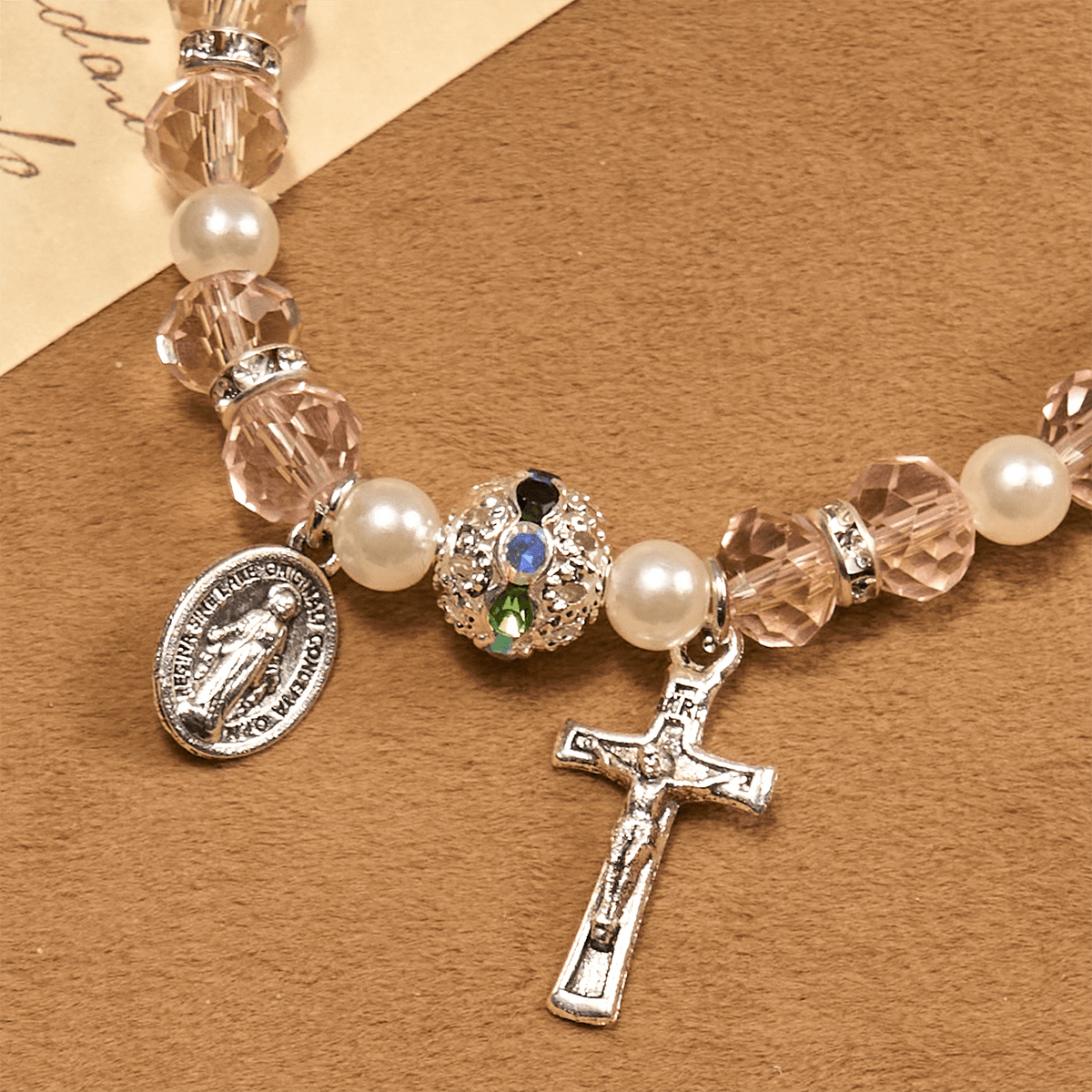 Modern Clear Crystal Stretch Braceletwith Crucifix & Miraculous Medal