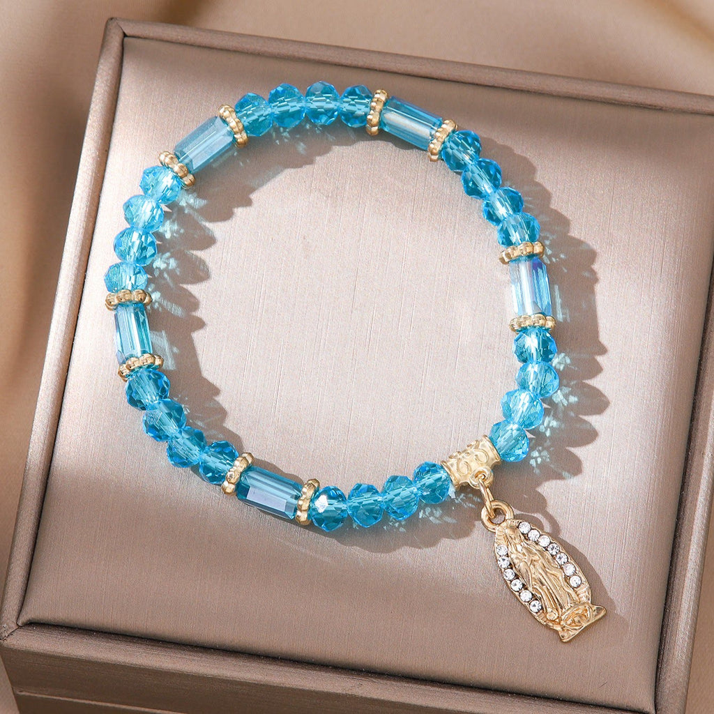 Pulsera Romántica de Cristal Transparente Multicolor con Medalla Milagrosa Dorada