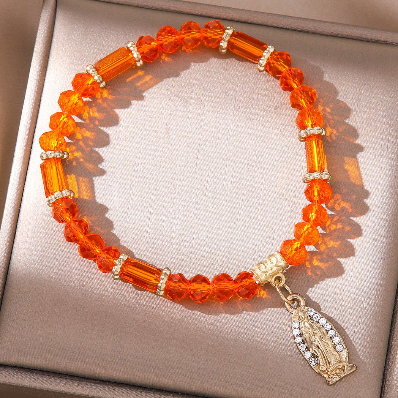 Pulsera Romántica de Cristal Transparente Multicolor con Medalla Milagrosa Dorada