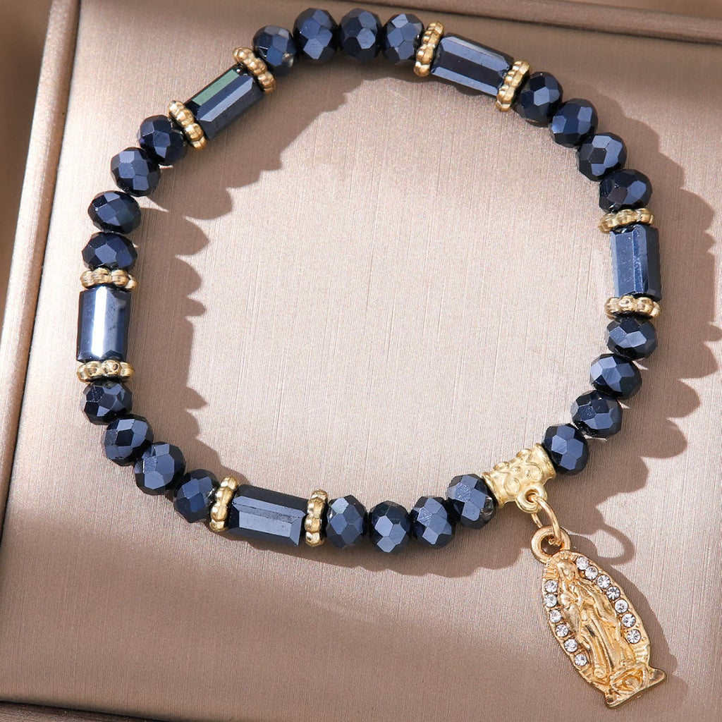 Pulsera Romántica de Cristal Transparente Multicolor con Medalla Milagrosa Dorada