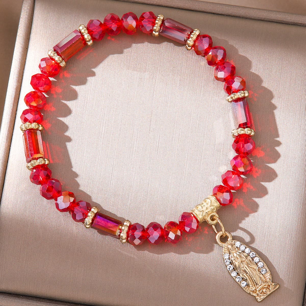 Pulsera Romántica de Cristal Transparente Multicolor con Medalla Milagrosa Dorada
