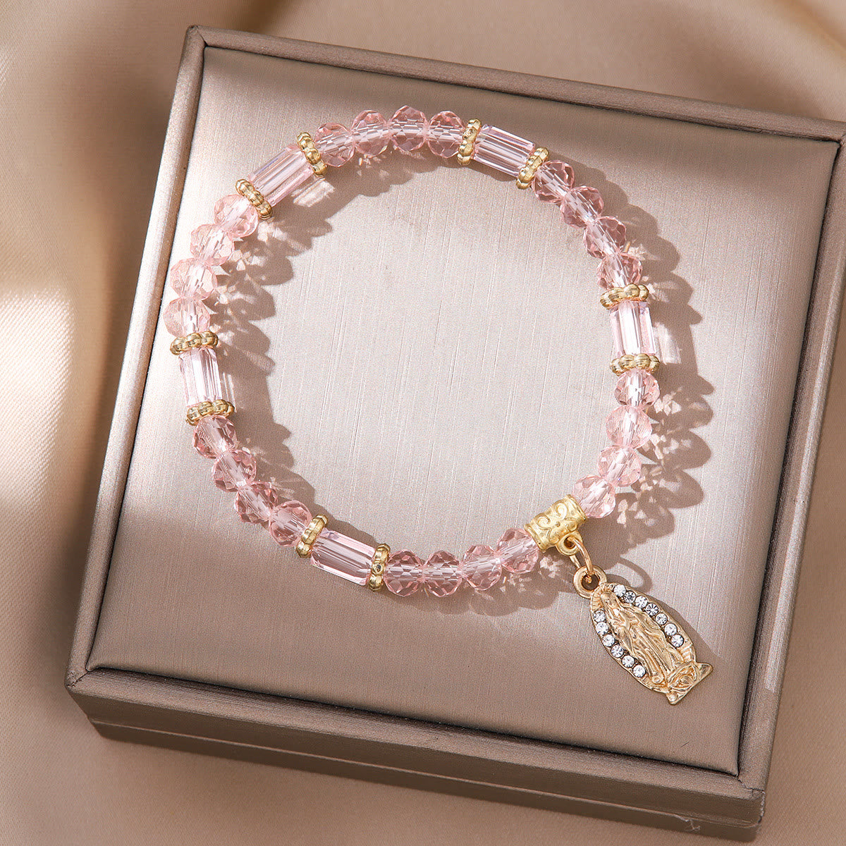 Pulsera Romántica de Cristal Transparente Multicolor con Medalla Milagrosa Dorada