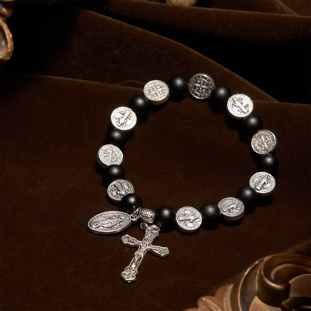 Pulsera de Ágata Negra Natural con Medalla de San Benito y Dije de la Virgen María: Arte de Fe Divina