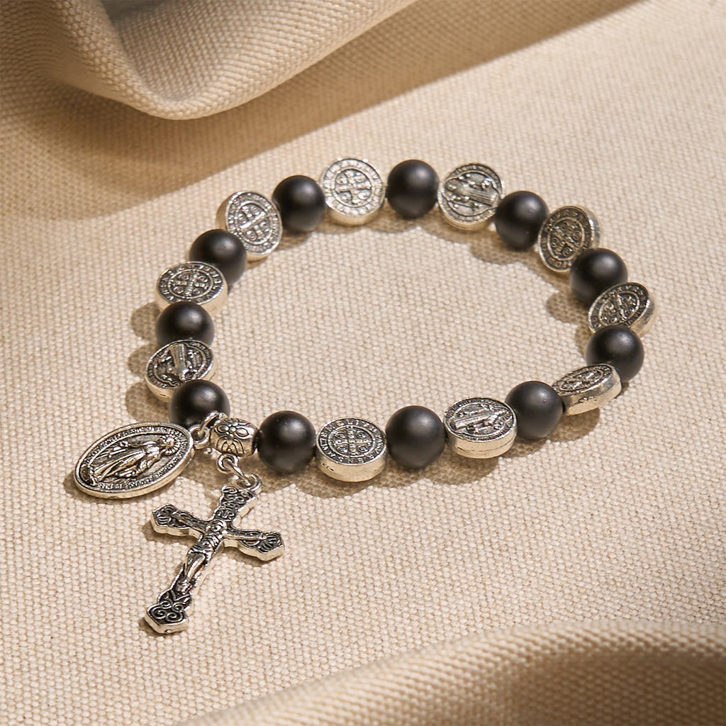 Pulsera de Ágata Negra Natural con Medalla de San Benito y Dije de la Virgen María: Arte de Fe Divina