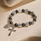 Pulsera de Ágata Negra Natural con Medalla de San Benito y Dije de la Virgen María: Arte de Fe Divina