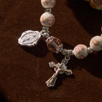 Pulsera Elástica de Cerámica Floral Multicolor con Medalla Milagrosa y Crucifijo
