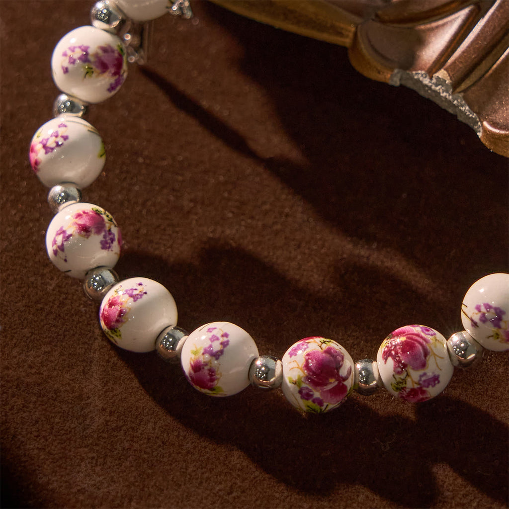 Pulsera Elástica de Cerámica Floral Multicolor con Medalla Milagrosa y Crucifijo