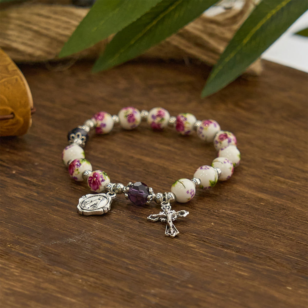 Pulsera Elástica de Cerámica Floral Multicolor con Medalla Milagrosa y Crucifijo