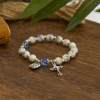 Pulsera Elástica de Cerámica Floral Multicolor con Medalla Milagrosa y Crucifijo