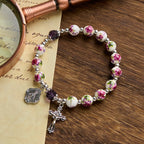 Pulsera Elástica de Cerámica Floral Multicolor con Medalla Milagrosa y Crucifijo