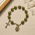 Pulsera de Cuentas Verdigris Mate con Medalla de San Benito de Bronce y Crucifijo