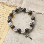 Pulsera Tricolor de Cuentas con Medalla de Plata de San Benito y Crucifijo: Arte de Fe Divina