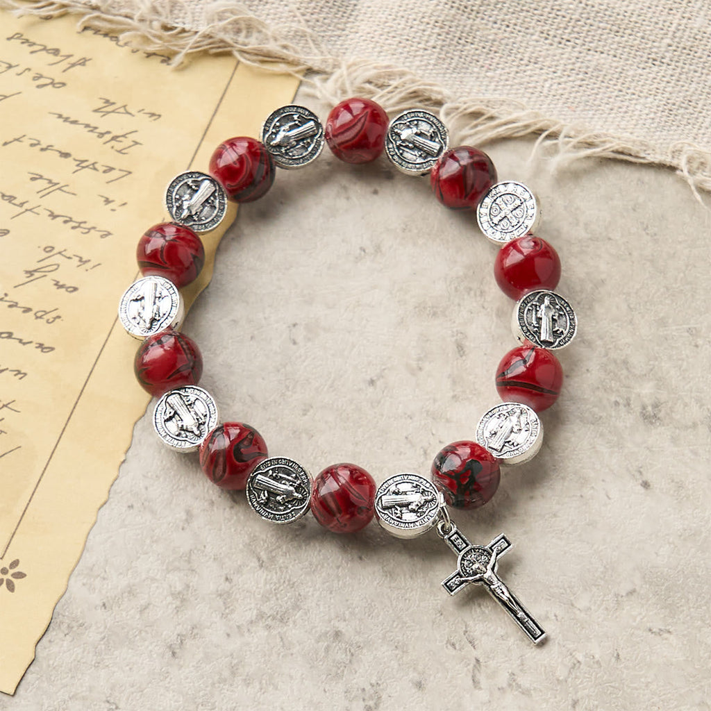 Pulsera Tricolor de Cuentas con Medalla de Plata de San Benito y Crucifijo: Arte de Fe Divina