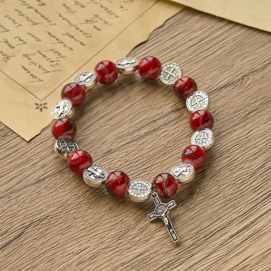 Pulsera Tricolor de Cuentas con Medalla de Plata de San Benito y Crucifijo: Arte de Fe Divina