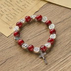 Pulsera Tricolor de Cuentas con Medalla de Plata de San Benito y Crucifijo: Arte de Fe Divina
