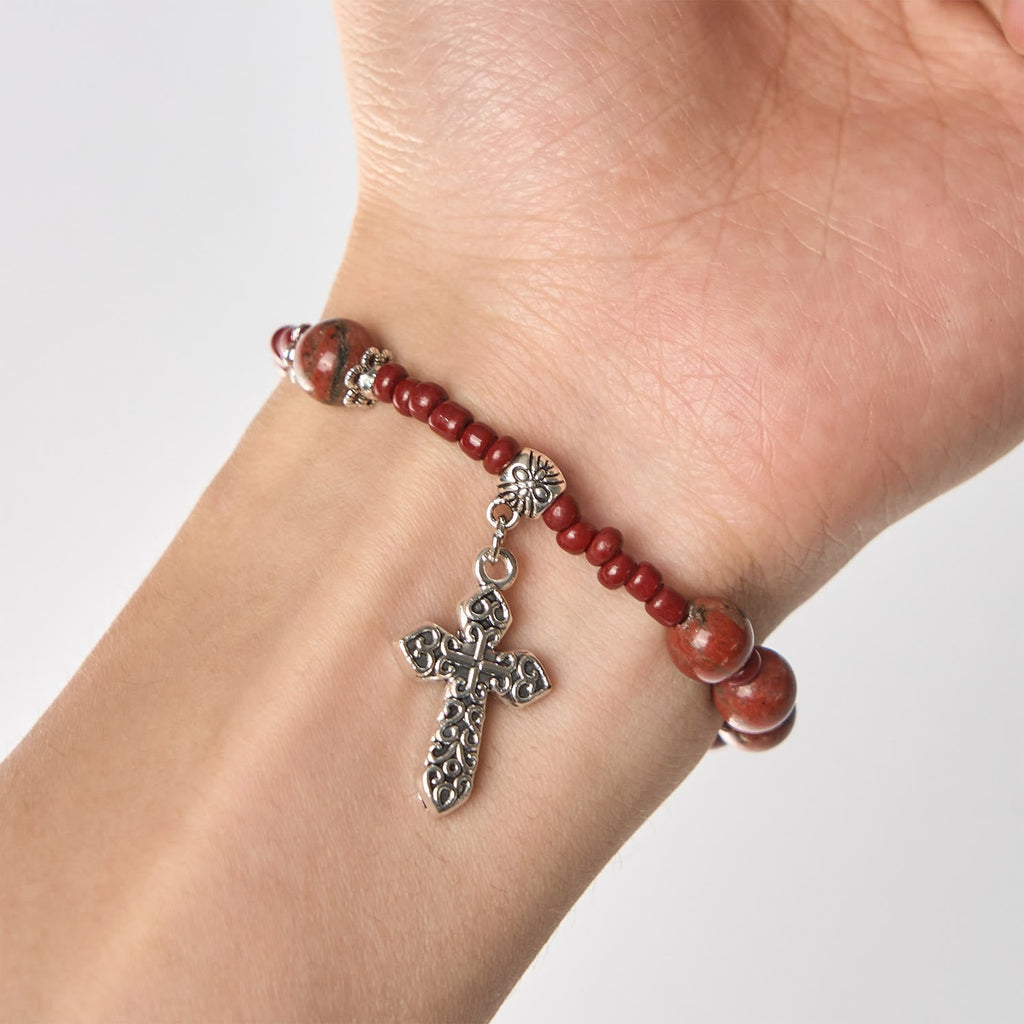 Pulsera Rosario de Una Decena de Piedra Sésamo Roja de 8 mm con Medalla Milagrosa y Cruz
