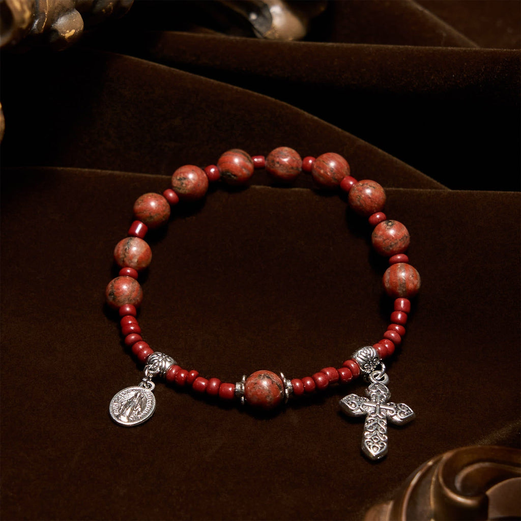 Pulsera Rosario de Una Decena de Piedra Sésamo Roja de 8 mm con Medalla Milagrosa y Cruz