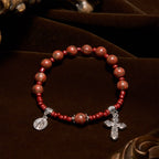 Pulsera Rosario de Una Decena de Piedra Sésamo Roja de 8 mm con Medalla Milagrosa y Cruz