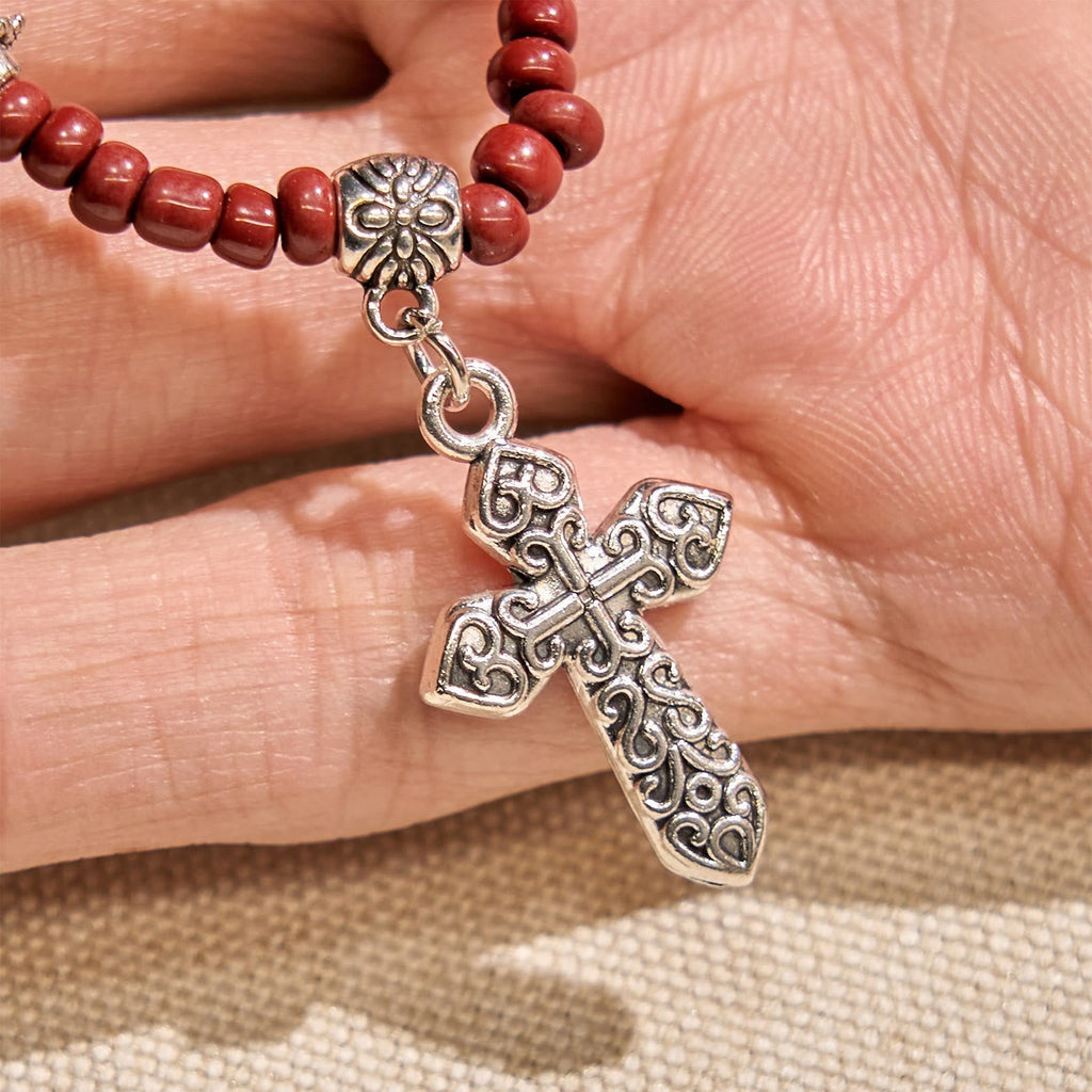 Pulsera Rosario de Una Decena de Piedra Sésamo Roja de 8 mm con Medalla Milagrosa y Cruz