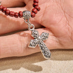 Pulsera Rosario de Una Decena de Piedra Sésamo Roja de 8 mm con Medalla Milagrosa y Cruz