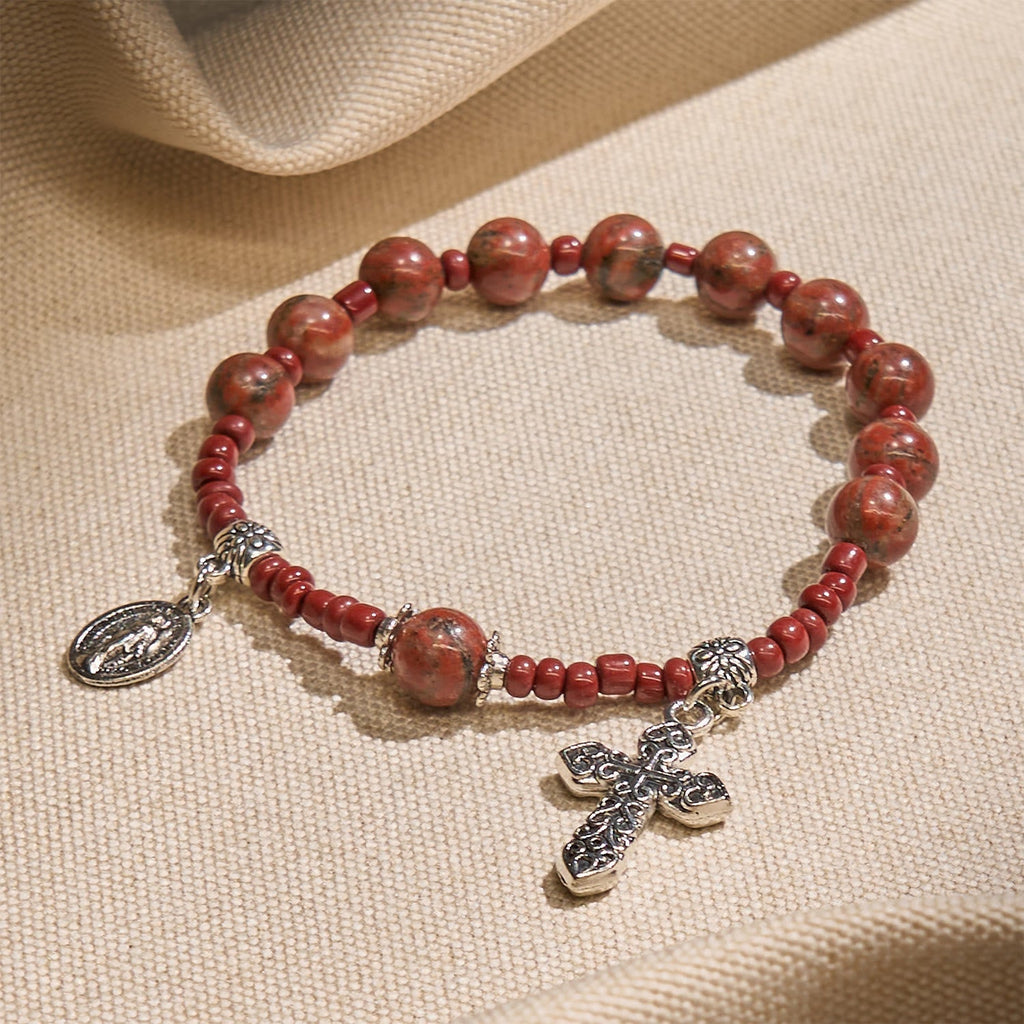 Pulsera Rosario de Una Decena de Piedra Sésamo Roja de 8 mm con Medalla Milagrosa y Cruz