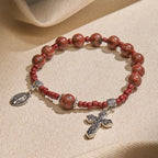 Pulsera Rosario de Una Decena de Piedra Sésamo Roja de 8 mm con Medalla Milagrosa y Cruz