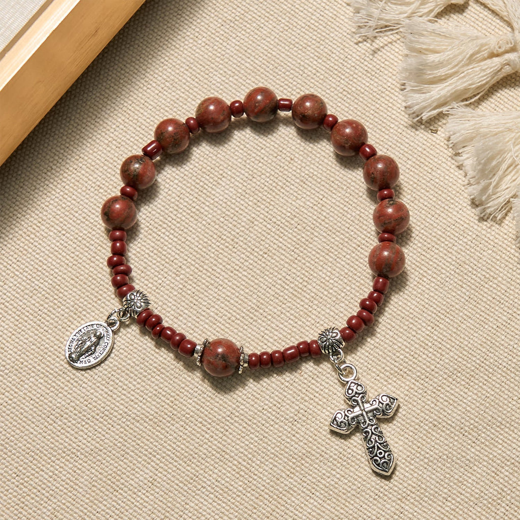 Pulsera Rosario de Una Decena de Piedra Sésamo Roja de 8 mm con Medalla Milagrosa y Cruz
