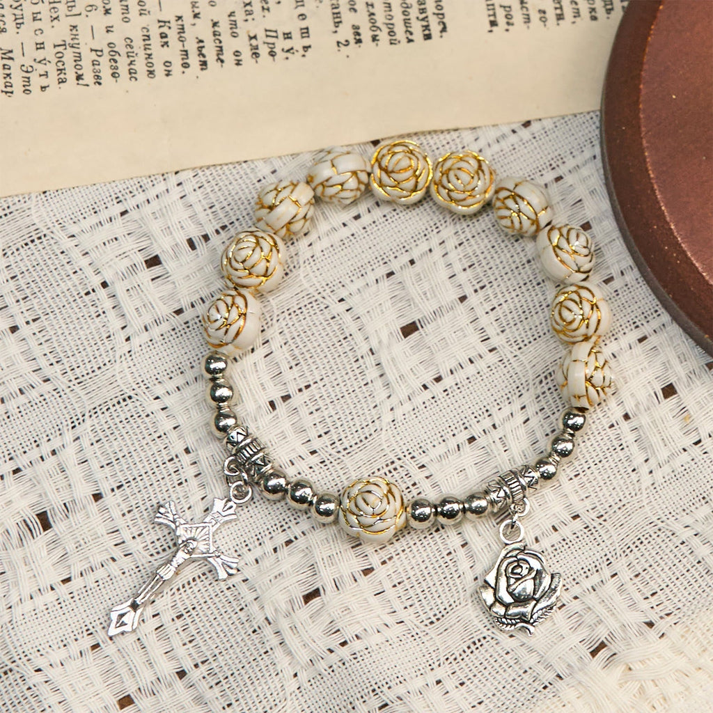 Pulsera Rosario de Cuentas de Rosa Blanca de 10 mm Esculpidas con Crucifijo
