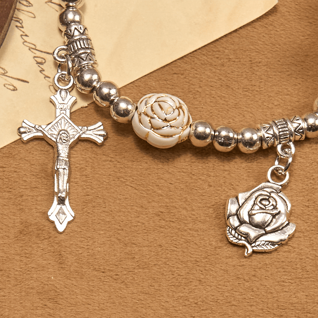 Pulsera Rosario de Cuentas de Rosa Blanca de 10 mm Esculpidas con Crucifijo