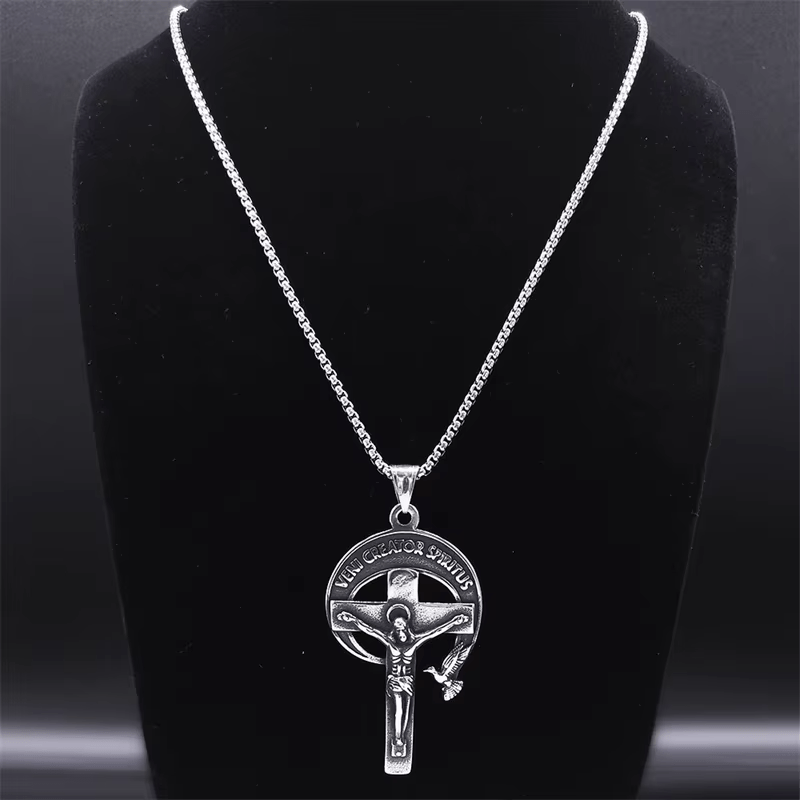 Crucifijo Sagrado Antiguo con Paloma del Espíritu Santo y Veni Creator Spiritus Estilo Retro