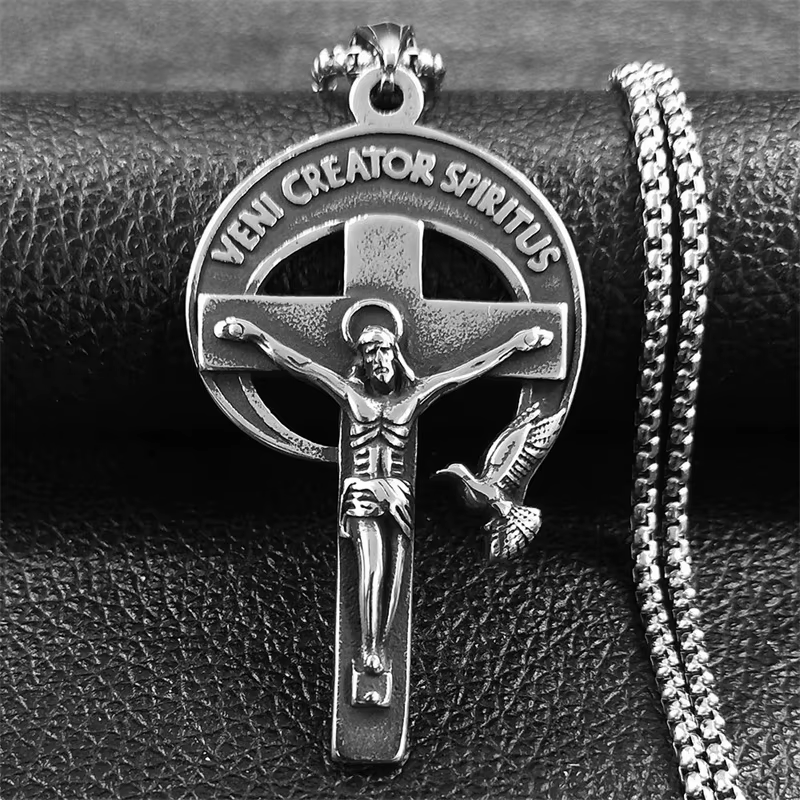 Crucifijo Sagrado Antiguo con Paloma del Espíritu Santo y Veni Creator Spiritus Estilo Retro