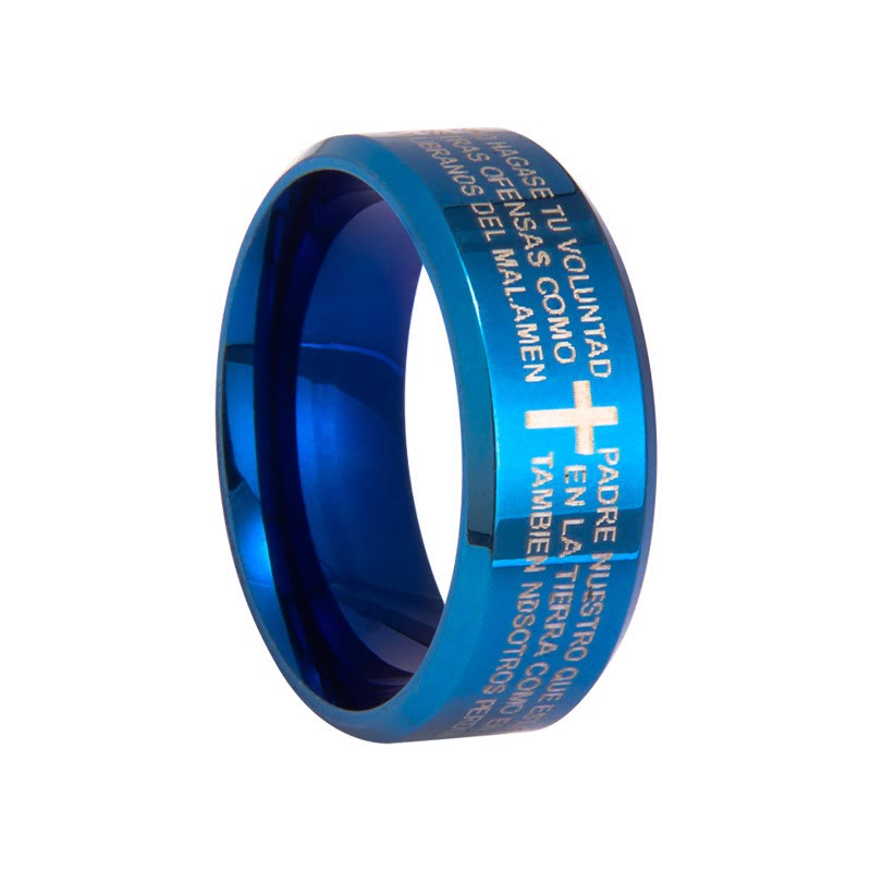 Anillo Tricolor de 8 mm con Versículo Santo y Motivo de Cruz Estilo Minimalista